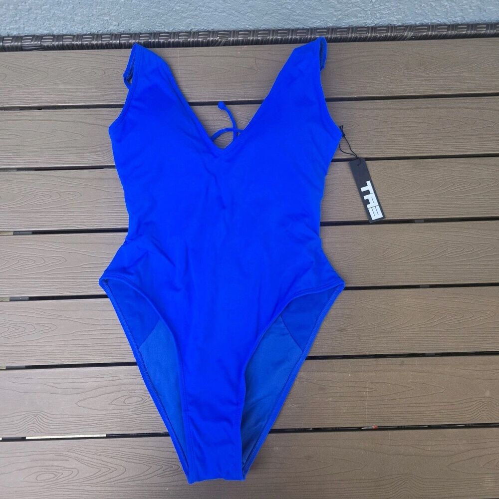 TA3 Plungy Hi Cut Sapphire Swimsuit 1 Piece Short Torso Corset Waist Sz L NEW